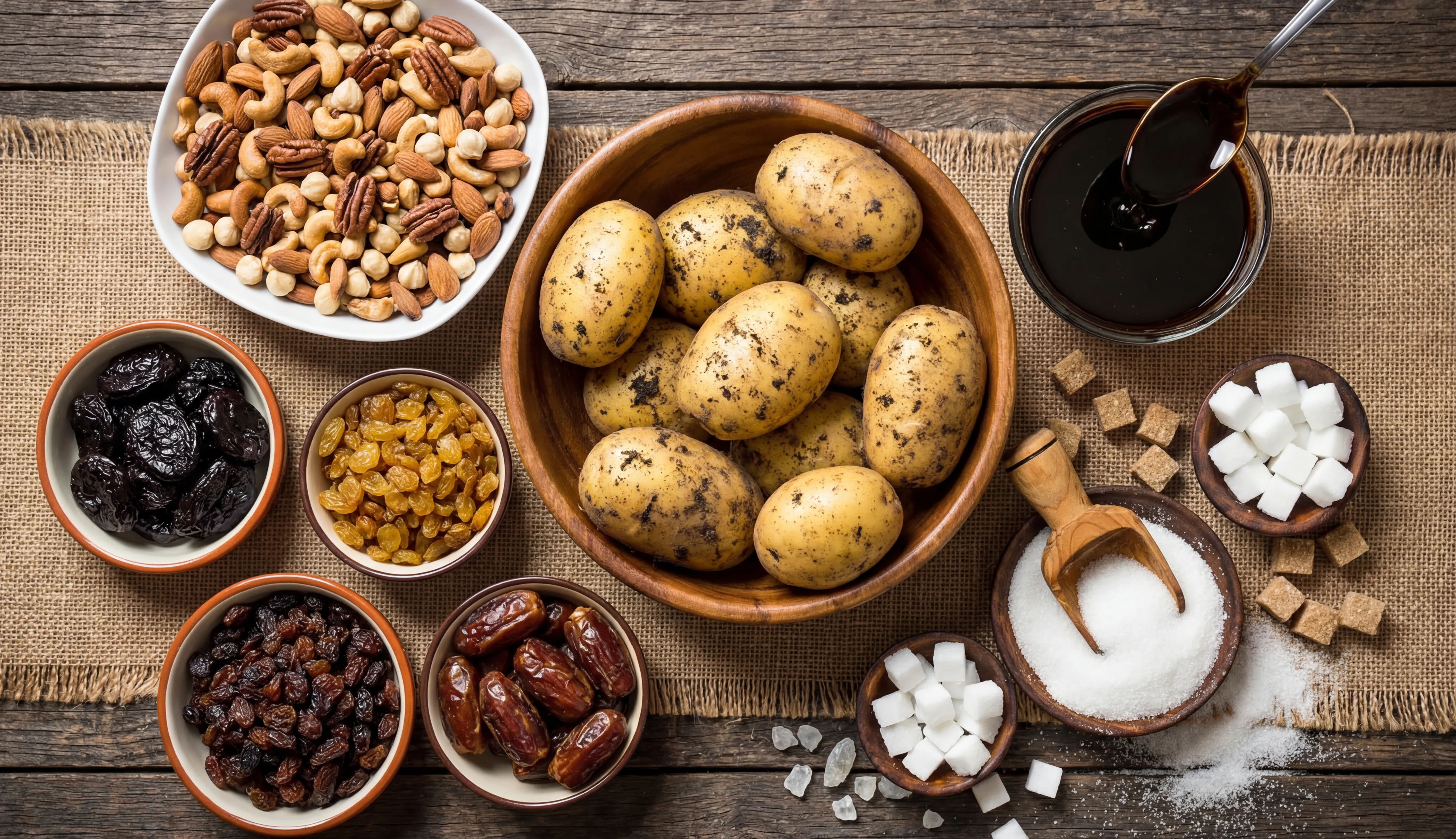 Zutatenmix aus Trockenfrüchten, Nüssen und Zucker